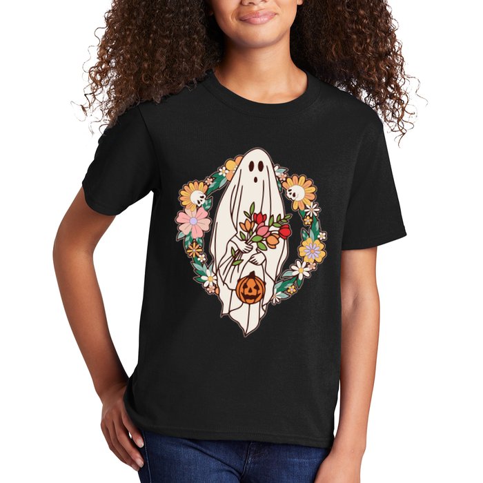Halloween Creepy Cute Boho Flower Ghost Kids T-Shirt