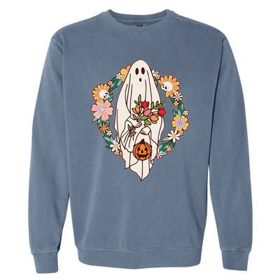 Halloween Creepy Cute Boho Flower Ghost Garment-Dyed Sweatshirt