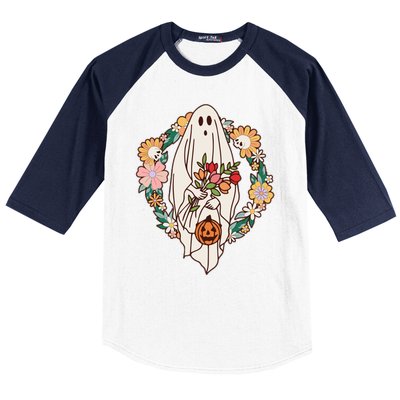 Halloween Creepy Cute Boho Flower Ghost Baseball Sleeve Shirt