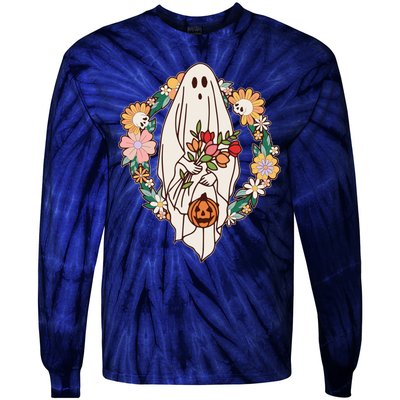 Halloween Creepy Cute Boho Flower Ghost Tie-Dye Long Sleeve Shirt