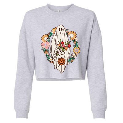 Halloween Creepy Cute Boho Flower Ghost Cropped Pullover Crew