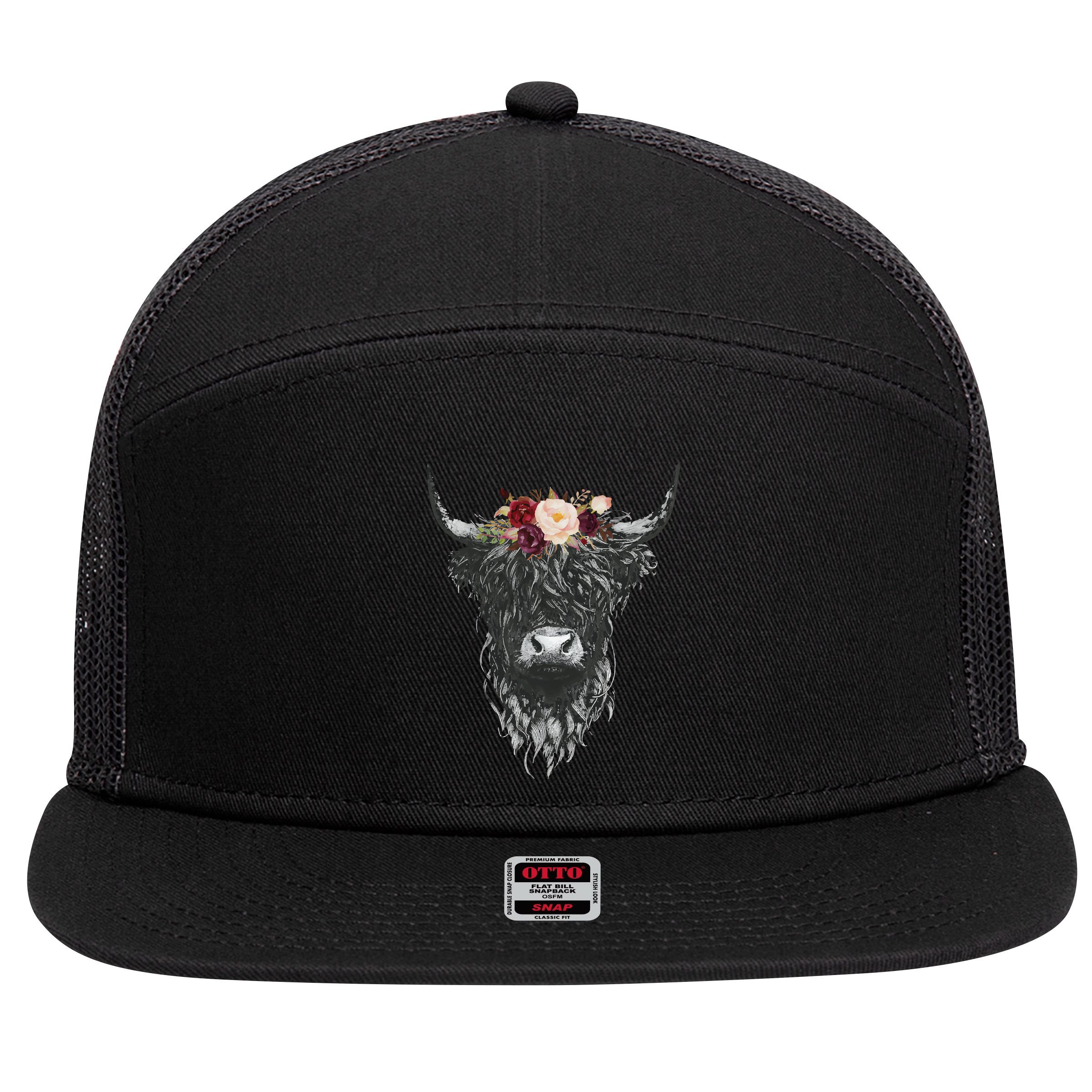 Highland Cow Country Western 7 Panel Mesh Trucker Snapback Hat