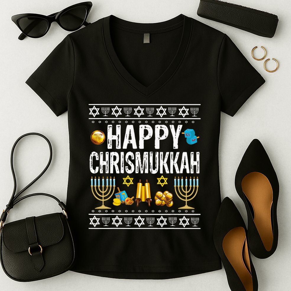 Happy Chrismukkah Challah Christian Holiday Jewish Gift  Women's V-Neck T-Shirt