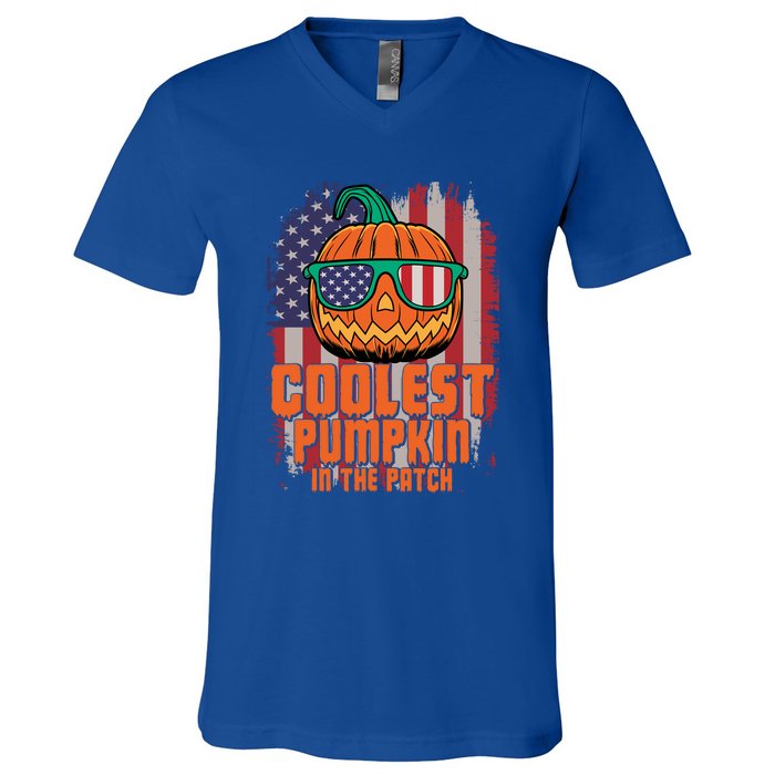 Halloween Costume Coolest Pumpkin In The Patch American Flag Gift V-Neck T-Shirt