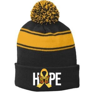 Hope Childhood Cancer Awareness Butterfly Ribbon Stripe Pom Pom Beanie