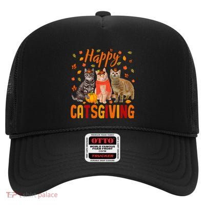 Happy Catsgiving Cute Thanksgiving Cat Wears Pilgrim Hat Gift High Crown Mesh Back Trucker Hat