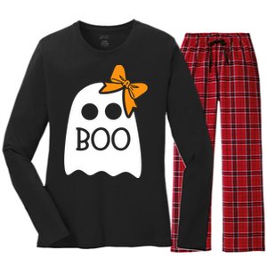 Halloween Costume Cute Ghost Boo With Bow Gift For Girl Women's Long Sleeve Flannel Pajama Set 