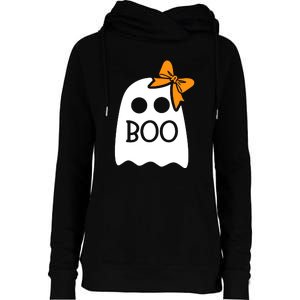 Halloween Costume Cute Ghost Boo With Bow Gift For Girl Womens Funnel Neck Pullover Hood