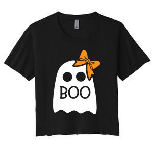 Halloween Costume Cute Ghost Boo With Bow Gift For Girl Women's Crop Top Tee