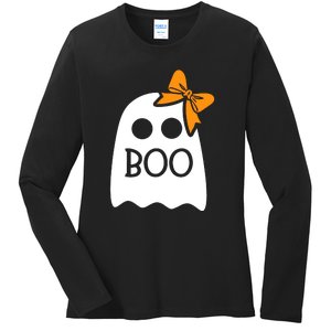 Halloween Costume Cute Ghost Boo With Bow Gift For Girl Ladies Long Sleeve Shirt