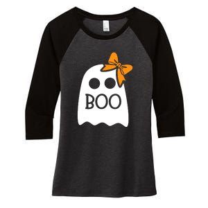 Halloween Costume Cute Ghost Boo With Bow Gift For Girl Women's Tri-Blend 3/4-Sleeve Raglan Shirt