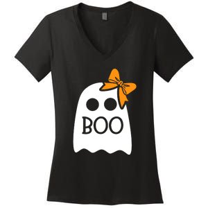 Halloween Costume Cute Ghost Boo With Bow Gift For Girl Women's V-Neck T-Shirt