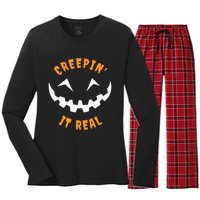 Halloween Costume Creepin’ it Real Pumpkin Funny Graphic Women's Long Sleeve Flannel Pajama Set 