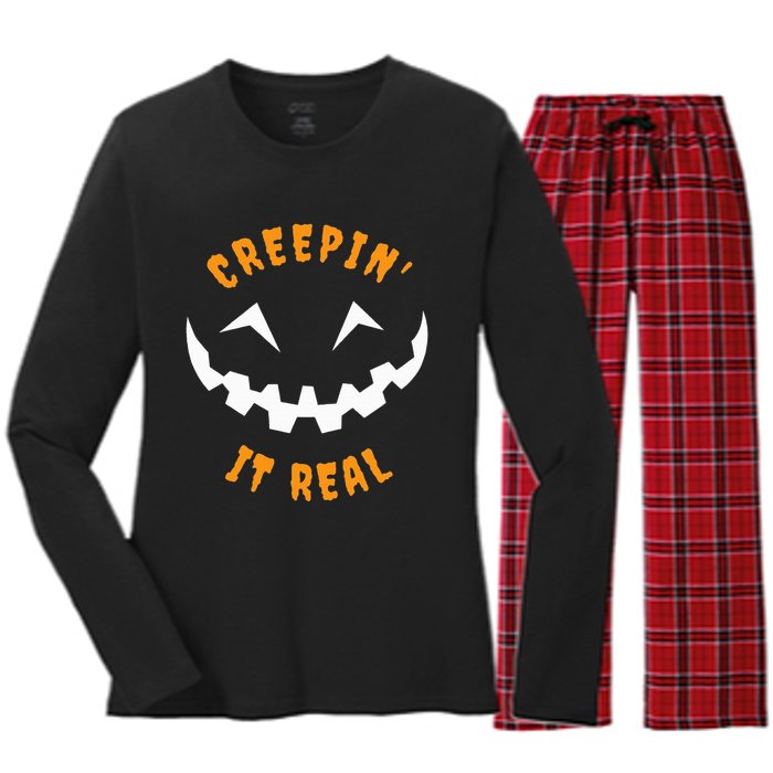 Halloween Costume Creepin’ it Real Pumpkin Funny Graphic Women's Long Sleeve Flannel Pajama Set 