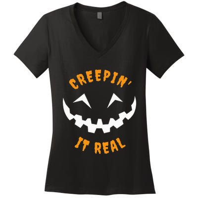 Halloween Costume Creepin’ it Real Pumpkin Funny Graphic Women's V-Neck T-Shirt