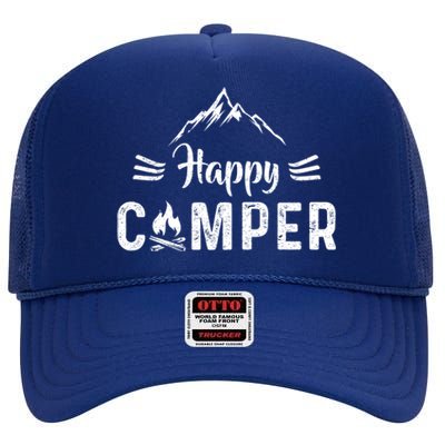 Happy Camper Cool Gift For Camping Lovers Cool Gift High Crown Mesh Back Trucker Hat