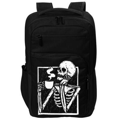 Halloween Coffee Drinking Skeleton Skull Impact Tech Backpack