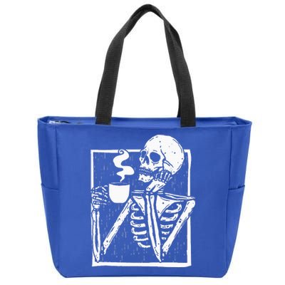 Halloween Coffee Drinking Skeleton Skull Zip Tote Bag