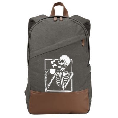 Halloween Coffee Drinking Skeleton Skull Cotton Canvas Backpack