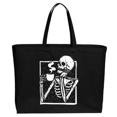 Halloween Coffee Drinking Skeleton Skull Cotton Canvas Jumbo Tote