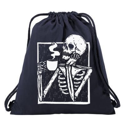 Halloween Coffee Drinking Skeleton Skull Drawstring Bag