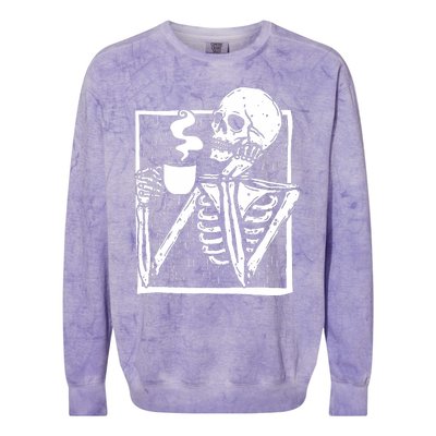 Halloween Coffee Drinking Skeleton Skull Colorblast Crewneck Sweatshirt