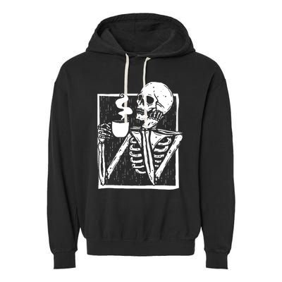 Halloween Coffee Drinking Skeleton Skull Garment-Dyed Fleece Hoodie