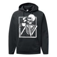 Halloween Coffee Drinking Skeleton Skull Performance Fleece Hoodie