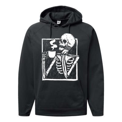 Halloween Coffee Drinking Skeleton Skull Performance Fleece Hoodie