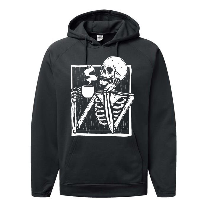 Halloween Coffee Drinking Skeleton Skull Performance Fleece Hoodie