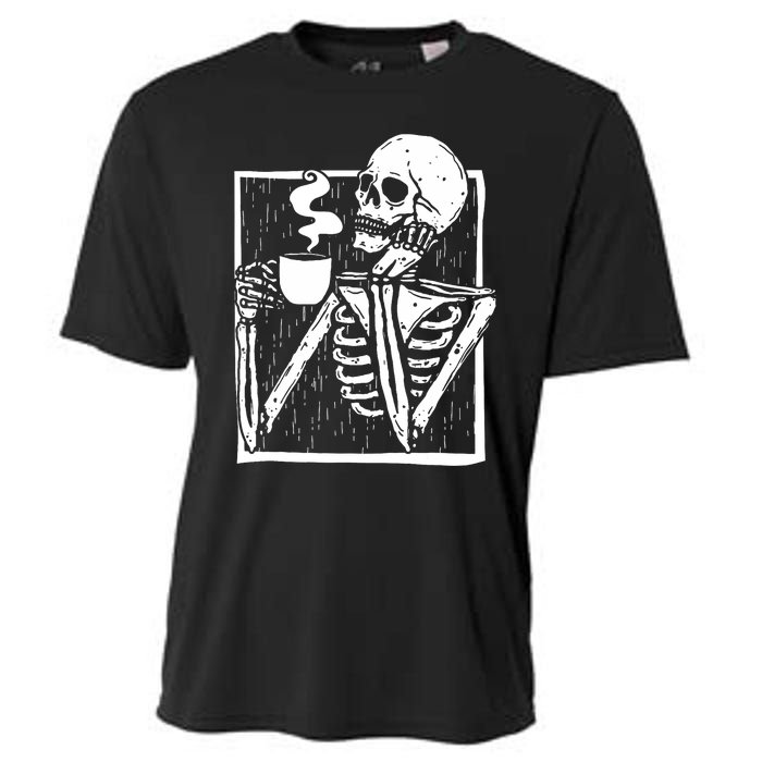 Halloween Coffee Drinking Skeleton Skull Cooling Performance Crew T-Shirt