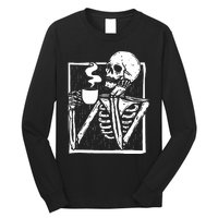 Halloween Coffee Drinking Skeleton Skull Long Sleeve Shirt