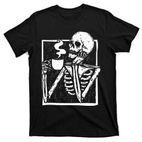 Halloween Coffee Drinking Skeleton Skull T-Shirt