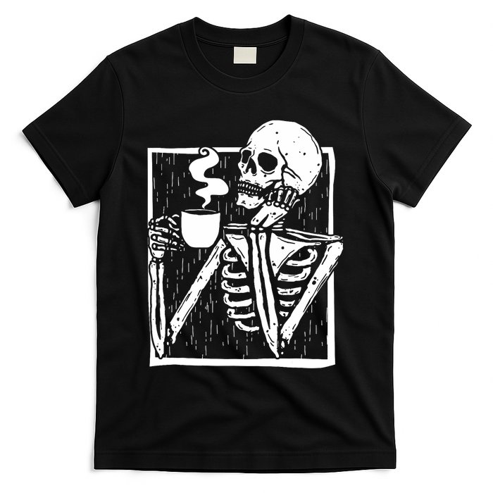 Halloween Coffee Drinking Skeleton Skull T-Shirt