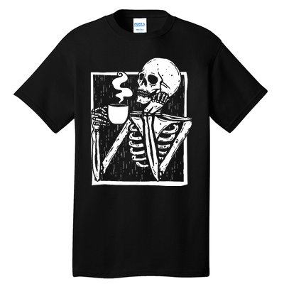 Halloween Coffee Drinking Skeleton Skull Tall T-Shirt