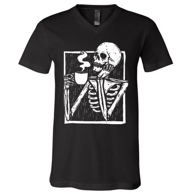 Halloween Coffee Drinking Skeleton Skull V-Neck T-Shirt