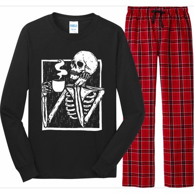 Halloween Coffee Drinking Skeleton Skull Long Sleeve Pajama Set