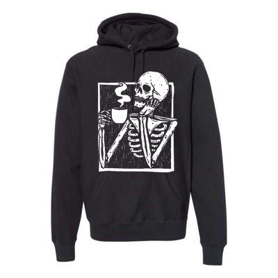 Halloween Coffee Drinking Skeleton Skull Premium Hoodie