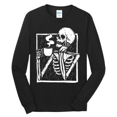 Halloween Coffee Drinking Skeleton Skull Tall Long Sleeve T-Shirt