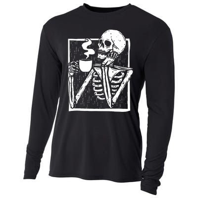 Halloween Coffee Drinking Skeleton Skull Cooling Performance Long Sleeve Crew