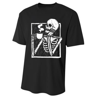 Halloween Coffee Drinking Skeleton Skull Performance Sprint T-Shirt