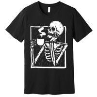 Halloween Coffee Drinking Skeleton Skull Premium T-Shirt