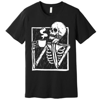 Halloween Coffee Drinking Skeleton Skull Premium T-Shirt