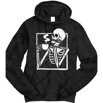 Halloween Coffee Drinking Skeleton Skull Tie Dye Hoodie