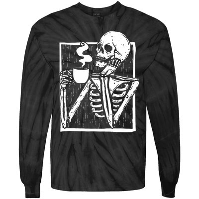 Halloween Coffee Drinking Skeleton Skull Tie-Dye Long Sleeve Shirt