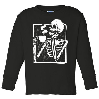 Halloween Coffee Drinking Skeleton Skull Toddler Long Sleeve Shirt