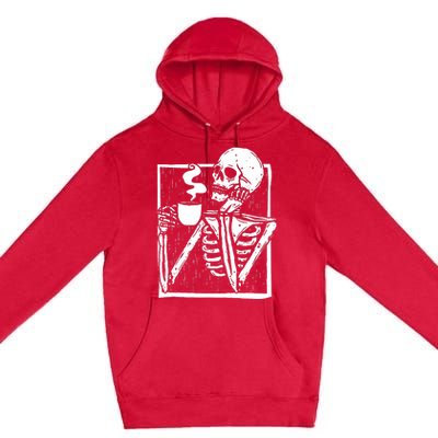 Halloween Coffee Drinking Skeleton Skull Premium Pullover Hoodie