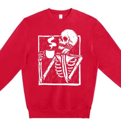 Halloween Coffee Drinking Skeleton Skull Premium Crewneck Sweatshirt