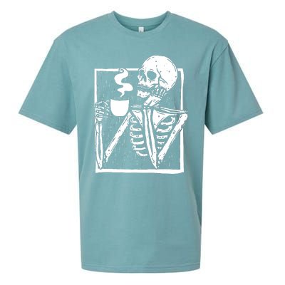 Halloween Coffee Drinking Skeleton Skull Sueded Cloud Jersey T-Shirt