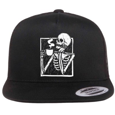 Halloween Coffee Drinking Skeleton Skull Flatbill Hat